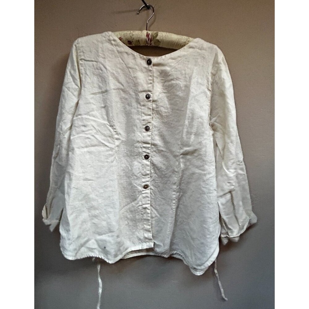 Kleen Women's Top Long Sleeve 100% Linen Tie Waist Blouse Beige Size XL